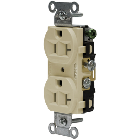 HUBBELL WIRING DEVICE-KELLEMS Straight Blade Devices, Receptacles, Duplex, Commercial Grade, 2-Pole 3-Wire Grounding, 20A 125V, 5-20R, Ivory, Single Pack CRF20I